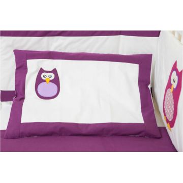 Lenjerie 3 piese pentru patut 60x120 cm Bufnite brodate mov