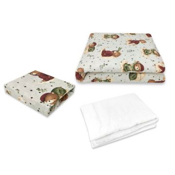 Lenjerie patut cu 3 piese, MimiNu, Cu cearceaf 120x60 cm, Din bumbac certificat Oeko Tex Standard 100, Cu pilota si husa pilota, 135x100 cm, Design, Teddy Bear On Moon