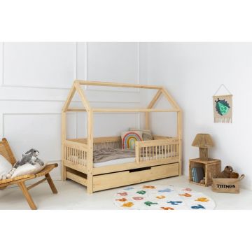 Pat pentru copii în culoare naturală de tip casă/cu extensie suplimentară din lemn de pin cu spațiu de depozitare 120x200 cm Mila MBW – Adeko