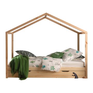 Pat pentru copii în culoare naturală de tip casă/cu extensie suplimentară din lemn masiv de pin cu spațiu de depozitare 90x200 cm DALLAS – Vipack