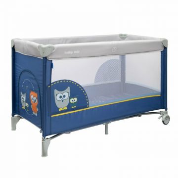 Patut pliant, Baby Mix, Pana la 15 kg, Poate fi utilizat si ca tarc de joaca, Intrare frontala cu fermoar, Cu roti cu frana integrata, Include geanta de transport, Conform cu EN 716-1 + AC: 2019-07, Blue/Owl