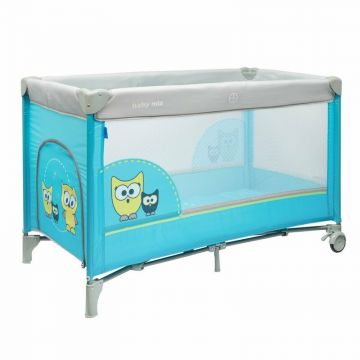 Patut pliant, Baby Mix, Pana la 15 kg, Poate fi utilizat si ca tarc de joaca, Intrare frontala cu fermoar, Cu roti cu frana integrata, Include geanta de transport, Conform cu EN 716-1 + AC: 2019-07, Turquoise/Owl