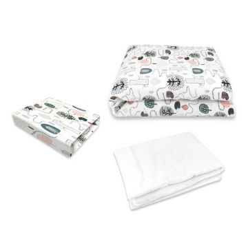 Lenjerie patut cu 3 piese, Qmini, Cu cearceaf 120x60 cm, Din bumbac certificat Oeko Tex Standard 100, Cu pilota si husa pilota, 135x100 cm, Hedgehog