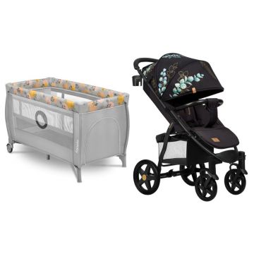 Pachet complet pentru calatorii, Patut pliant, Lionelo, Stefi Plus, Cu doua nivele, 2 roti + Carucior sport, Annet Plus Golden Moments, 0 luni+, Cu accesorii si capotina XXL, Pana la 22 kg