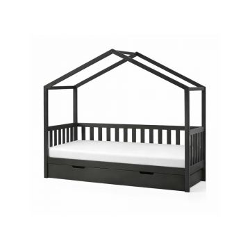 Pat pentru copii gri antracit de tip casÄu0083/cu extensie suplimentarÄdin lemn masiv de pin cu spaÈu009Biu de depozitare 90x200 cm DALLAS âu0080Vipack