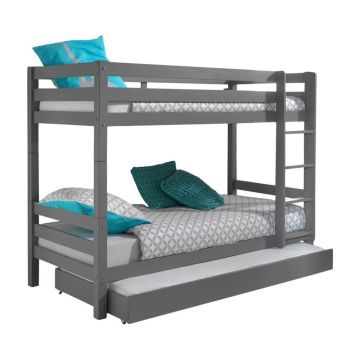 Pat pentru copii gri supraetajat din lemn masiv de pin cu spațiu de depozitare PINO – Vipack