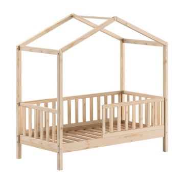 Pat pentru copii în culoare naturală de tip casă din lemn de pin cu somieră 70x140 cm DALLAS – Vipack