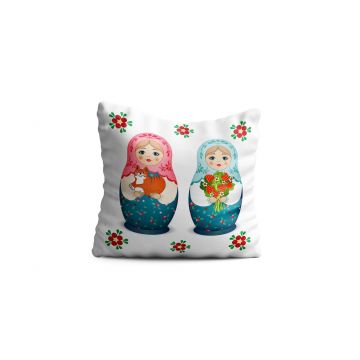 Perna decorativa Matryoshka, Oyo Kids, 43x43 cm, poliester, roz/albastru