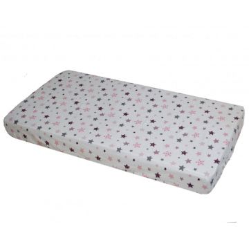 Cearceaf din bumbac cu elastic Stars Pink and Grey pe alb 120x60 cm