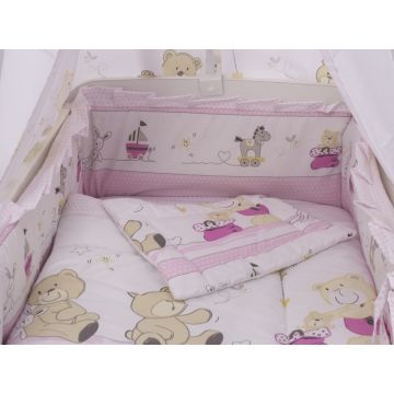 Lenjerie patut 5 piese cu baldachin 120x60cm Teddy Play Pink M2