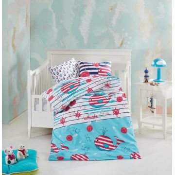 Lenjerie de pat pentru copii Fishy, Nazenin Home, 4 piese, 120 x 160 cm, 100% bumbac ranforce, multicolora
