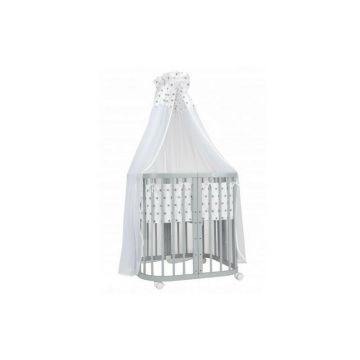 Set Patut Rotund Evolutiv pentru Copii, Multifunctional, 7in1, cu Saltele, Baldachin, Lenjerie si Aparatori Laterale, Transformabil, Masa de Schimbat, Co-Sleeping, Tarc de Joaca, Birou, Scaune, Waldin, Gri, Echipament Alb cu Stelute, 8S1