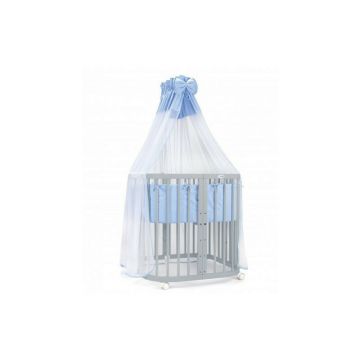 Set Patut Rotund Evolutiv pentru Copii, Multifunctional, 7in1, cu Saltele, Baldachin, Lenjerie si Aparatori Laterale, Transformabil, Masa de Schimbat, Co-Sleeping, Tarc de Joaca, Birou, Scaune, Waldin, Gri, Echipament Albastru, 38