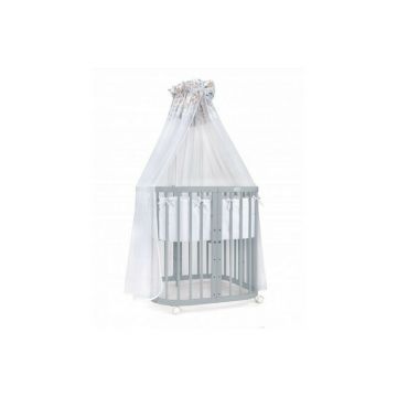 Set Patut Rotund Evolutiv pentru Copii, Multifunctional, 7in1, cu Saltele, Baldachin, Lenjerie si Aparatori Laterale, Transformabil, Masa de Schimbat, Co-Sleeping, Tarc de Joaca, Birou, Scaune, Waldin, Gri, Echipament Bufnite, 8P