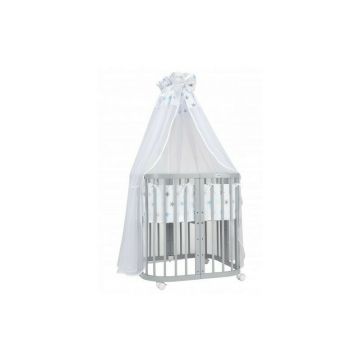 Set Patut Rotund Evolutiv pentru Copii, Multifunctional, 7in1, cu Saltele, Baldachin, Lenjerie si Aparatori Laterale, Transformabil, Masa de Schimbat, Co-Sleeping, Tarc de Joaca, Birou, Scaune, Waldin, Gri, Echipament Bufnite, S13