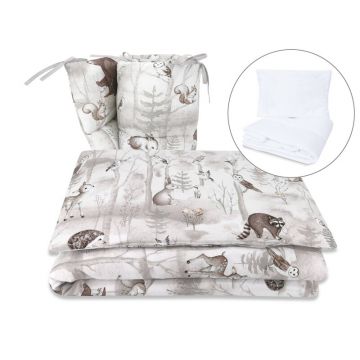 Lenjerie patut cu 5 piese, MimiNu, Pentru patut 120x60 cm, Cu pilota si perna, Din bumbac certificat Oeko Tex Standard 100, Design, Woodland