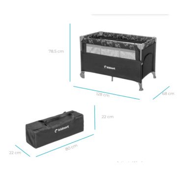 Patut pliabil 3 in 1 pentru copii, Kidnort, cu doua nivele, laterala culisanta, plasa de ventilatie, cu saltea si geanta de transport incluse, dimensiune 128 x 78.5 x 68 cm, Livsmiljo Dark Grey