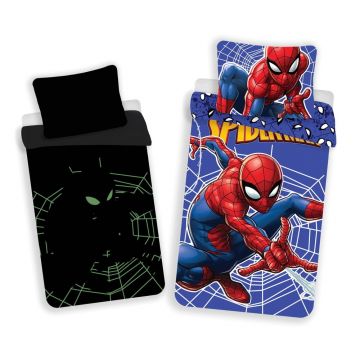 Lenjerie de pat fosforescentă pentru copii roșie/albastră din bumbac pentru pat de o persoană 140x200 cm Spider-man – Jerry Fabrics