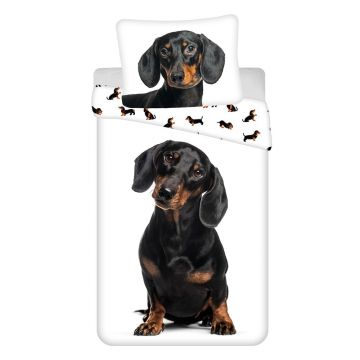 Lenjerie de pat pentru copii alb-negru din bumbac pentru pat de o persoană 140x200 cm Dachshund – Jerry Fabrics