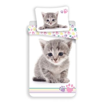 Lenjerie de pat pentru copii albă din bumbac pentru pat de o persoană 140x200 cm Kitten 