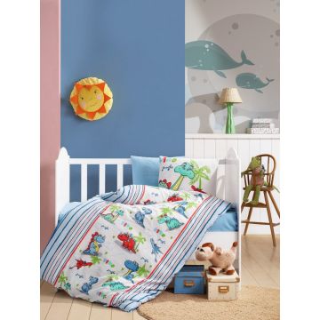 Lenjerie de pat pentru copii, Dino v2 - Blue, Cotton Box, Bumbac Ranforce