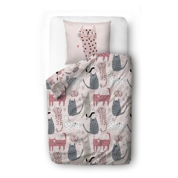 Lenjerie de pat pentru copii roz din bumbac satinat pentru pătuț 100x130 cm Meow Meow – Butter Kings