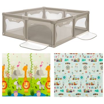 Pachet Tarc de joaca copii, Lionelo, Willow XL,180 x 200 cm, Conform cu EN 12227:2010, Bej si Covoras educativ, Lionelo, Robby, Impermeabil, 200 x 180 cm