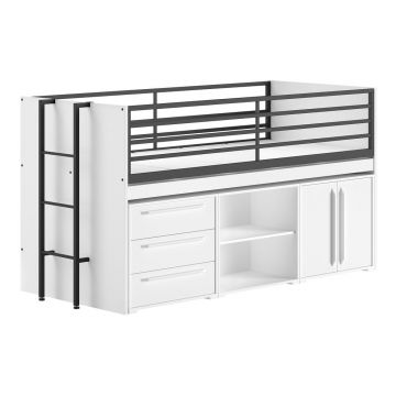 Pat pentru copii alb înalt cu spațiu de depozitare cu somieră 90x200 cm Sam – Vipack