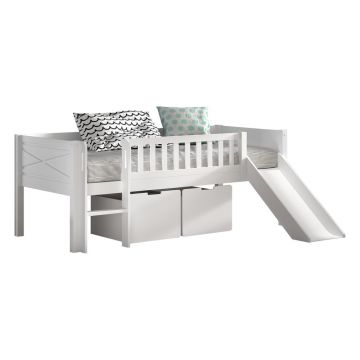 Pat pentru copii alb înalt din lemn de pin cu spațiu de depozitare cu somieră 90x200 cm Scott – Vipack