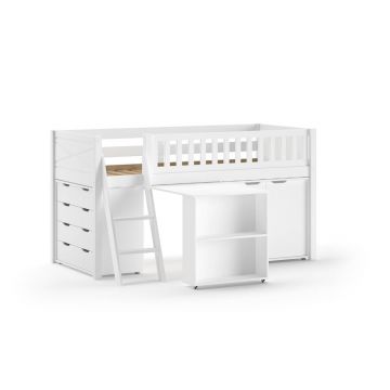 Pat pentru copii alb înalt din lemn de pin cu spațiu de depozitare cu somieră 90x200 cm Scott – Vipack