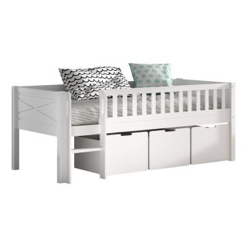 Pat pentru copii alb înalt din lemn de pin cu spațiu de depozitare cu somieră 90x200 cm Scott – Vipack