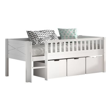 Pat pentru copii alb înalt din lemn de pin cu spațiu de depozitare cu somieră 90x200 cm Scott – Vipack
