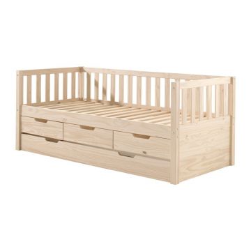 Pat pentru copii în culoare naturală cu extensie suplimentară din lemn de pin cu spațiu de depozitare cu somieră 90x200 cm Fritz – Vipack