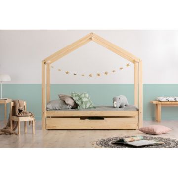 Pat pentru copii în culoare naturală de tip casă/cu extensie suplimentară cu spațiu de depozitare cu somieră 80x200 cm RM – Adeko