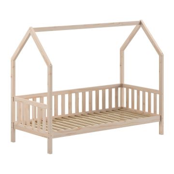 Pat pentru copii în culoare naturală de tip casă din lemn de pin cu somieră 90x200 cm Cabane – Vipack