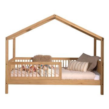 Pat pentru copii în culoare naturală de tip casă din lemn de stejar cu somieră 90x200 cm Forrest – Vipack