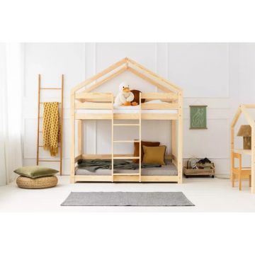 Pat pentru copii în culoare naturală de tip casă/supraetajat cu somieră 80x200 cm DMPN – Adeko