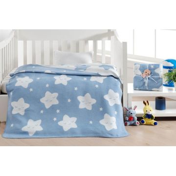 Patura bebelusi, Star - Light Blue, Dolce Bonita Home, 75% BUMBAC/15% ACRIL/10% POLIESTER