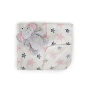 Patura cu jucarie de plus pentru bebelusi Cangaroo 90 x 75 cm Elefant Roz