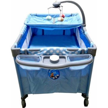 Patut copii Baby Care PRO FMAT Albastru, Pliabil, 2 Niveluri de inaltime, Melodii, Masa infasat, Carusel cu jucarii din plus, Plasa insecte