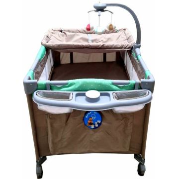 Patut copii Baby Care PRO FMAT Maro, Pliabil, 2 Niveluri de inaltime, Melodii, Masa infasat, Carusel cu jucarii din plus, Plasa insecte