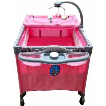 Patut copii Baby Care PRO FMAT Roz, Pliabil, 2 Niveluri de inaltime, Melodii, Masa infasat, Carusel cu jucarii din plus, Plasa insecte