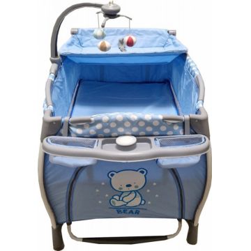Patut pentru copii Baby Care PRO FRW Albastru Pliabil, cu Balansoar, 2 Nivele de inaltime, Melodii, Masa infasat, Carusel cu jucarii din plus, Plasa insecte