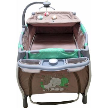Patut pentru copii Baby Care PRO FRW Maro Verde Pliabil, cu Balansoar, 2 Nivele de inaltime, Melodii, Masa infasat, Carusel cu jucarii din plus, Plasa insecte