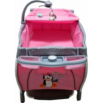 Patut pentru copii Baby Care PRO FRW Roz Pliabil, cu Balansoar, 2 Nivele de inaltime, Melodii, Masa infasat, Carusel cu jucarii din plus, Plasa insecte