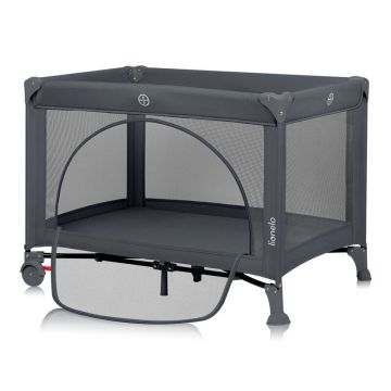 Patut pliabil, Lionelo, Laura, 102 x 74 cm, Cu doua nivele, Functie de tarc, Cu roti, Include salteluta si geanta de transport, Pereti din plasa, Deschidere laterala, Pana la 15 kg, 0 luni +, Gri