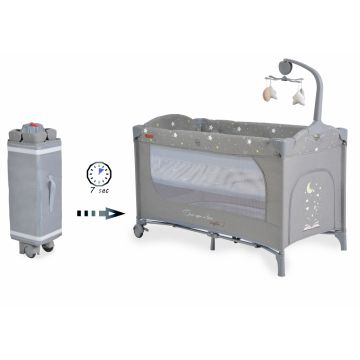 Patut pliabil pentru copii cu 2 nivele,usa acces cu fermoar,buzunar accesorii,saltea pliabila,carusel muzical si geanta transport incluse Cangaroo Once Upon a Time L2 Grey