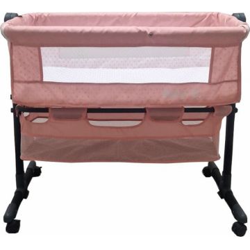 Patut transformabil in balansoar Baby Care Co-Sleeper Roz Cu plasa insecte si cosulet depozitare, 4 roti cu frana, Dimensiuni 85X95X50 cm, Saltea inclusa, Cadru aluminiu