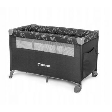 Set Patut pliabil 3 in 1 pentru copii,Kidnort,cu doua nivele,laterala culisanta,plasa de ventilatie,saltea pliabila si geanta de transport incluse,dimensiune 128x78.5x68 cm, Livsmiljo Dark Grey + Saltea cocos Comfort 8 cm