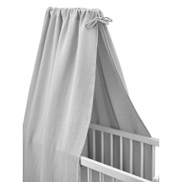 Baldachin cu suport metalic, Qmini, Pentru patut, leagan, Din muselina dubla 145x200 cm, Material certificat Oeko Tex Standard 100, Gray